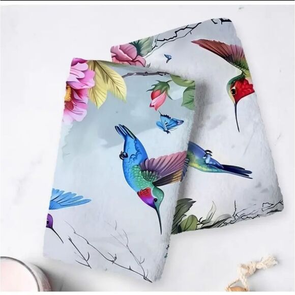 Set of 2 Hummingbird Butterfly Bathroom Kitchen Decorative Towels 18" x 26" - Picture 2 of 3